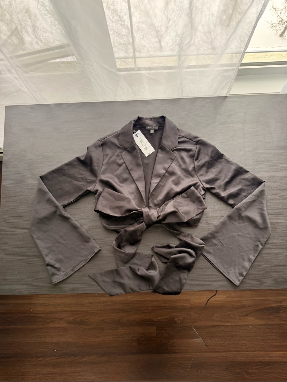 Dynamite Charcoal Tie-Front Crop Blazer-Top